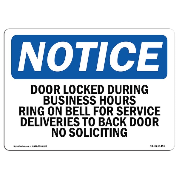 Safety Sign, OSHA Notice, 18" Height, Door Locked During Business Hours Ring Bell Sign, Landscape